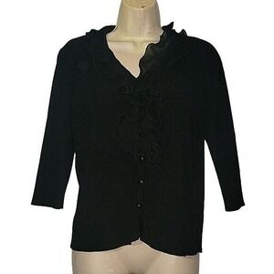 Black Ruffle Cardigan Button‎ Down 3/4 Sleeve Top